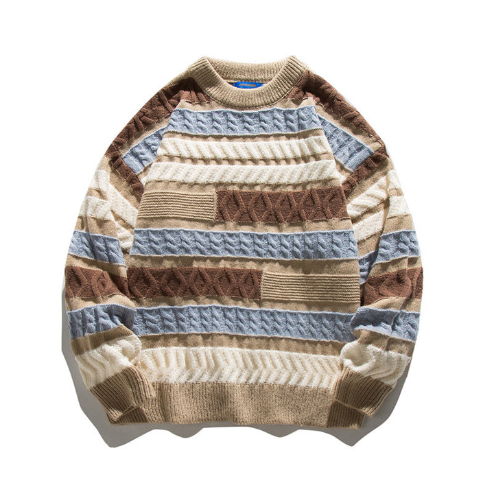 Unisex Oversize Grobstrickpullover mit strukturierter Blockstreifen-Optik und Rundhalsausschnitt Drune