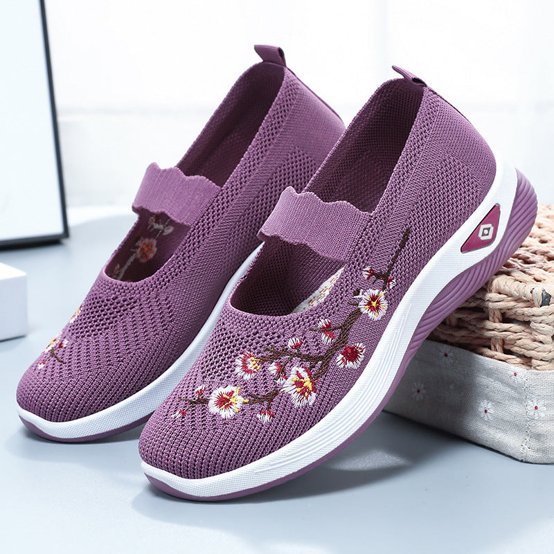 Damen nan bestickter Komfort-Ballerina mit elastischem Mary-Jane-Riemen, atmungsaktivem Strickoberteil und stoßdämpfender EVA-Keilsohle Drune