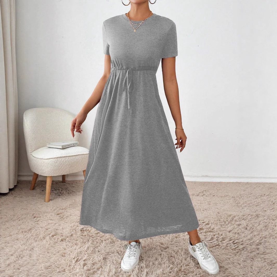 Damen lässiges Maxikleid mit elastischem Taillenbund und Rundhalsausschnitt Drune