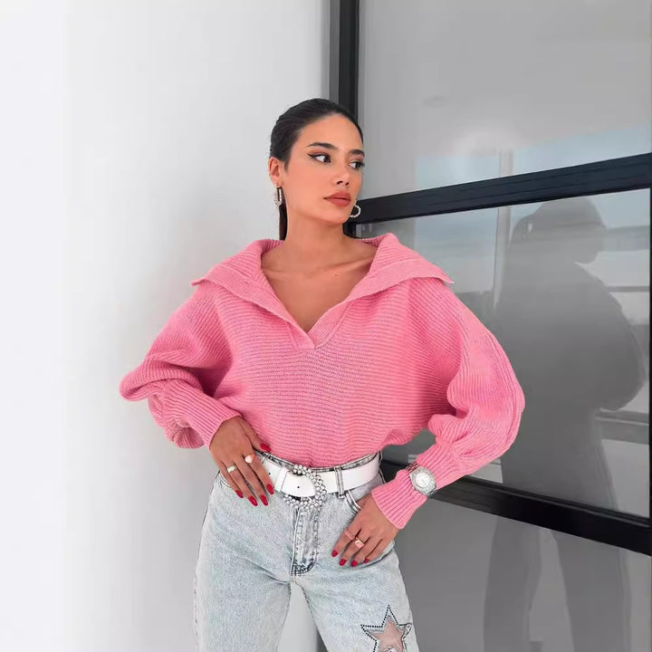 Damen Oversize Rippsweater mit Reverskragen und tiefem V‑Ausschnitt Drune