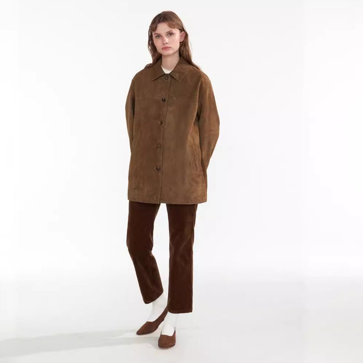 Damen Modische Wildlederjacke mit Button-Up-Verschluss Drune