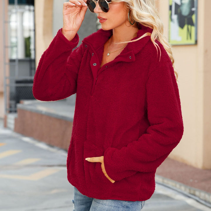 Damen Kuscheliger Fleece-Pullover mit Knopfleiste und Kängurutasche Drune