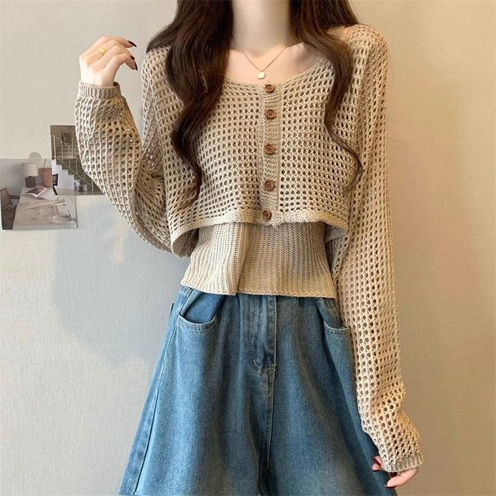 Damen lässige Strickjacke mit Netzmuster und Knopfverschluss Drune