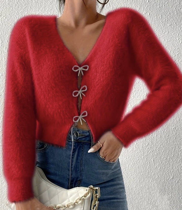 Damen Flauschiger Cropped-Cardigan mit V-Ausschnitt und Schleifen‑Verschlüssen Drune
