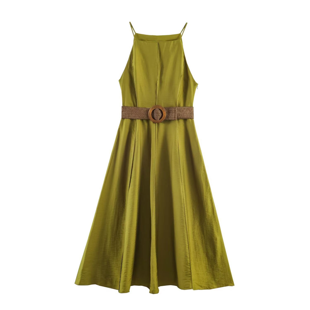 Damen Maxikleid mit schwingendem Saum und dekorativem Gürtel Drune