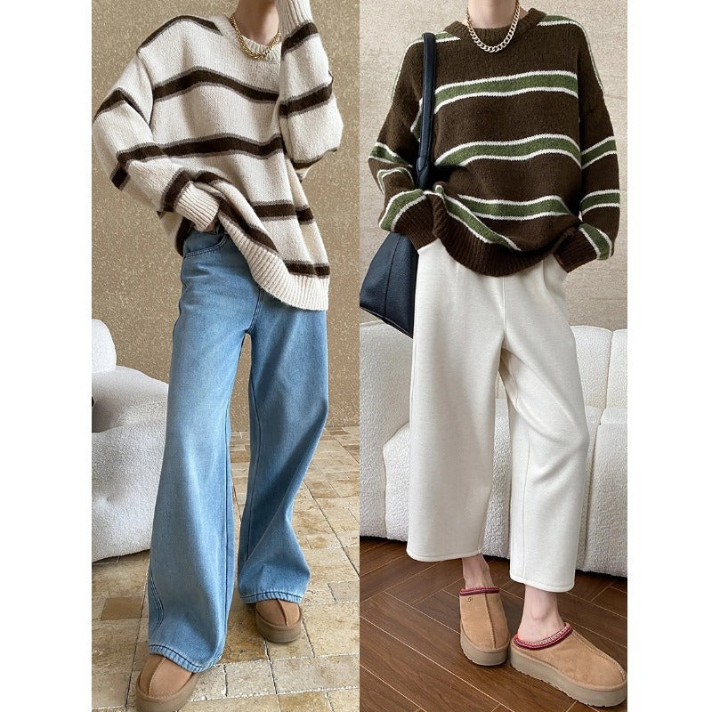Damen gestreifter Strickpullover mit lockerer Passform und dickerer Struktur Drune