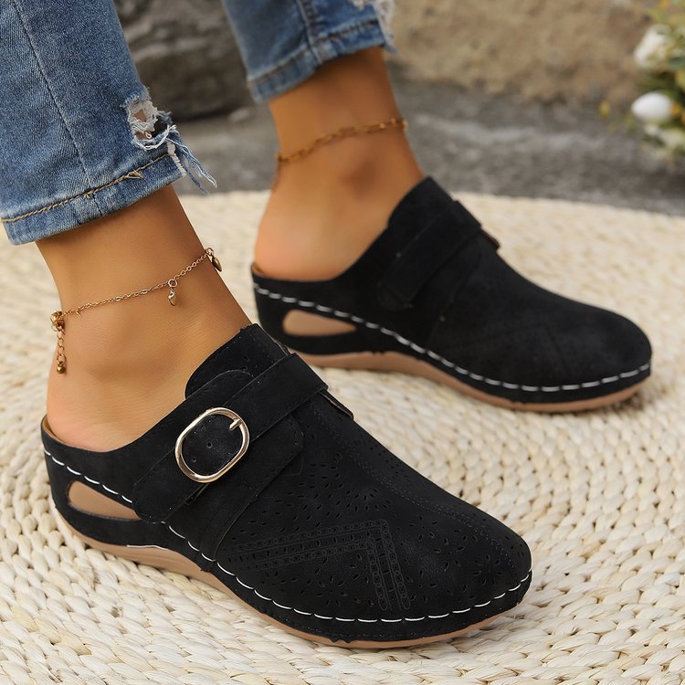 Damen Atmungsaktive Lederimitat-Mules mit ergonomischem Komfortfußbett und Zierschnitt Drune