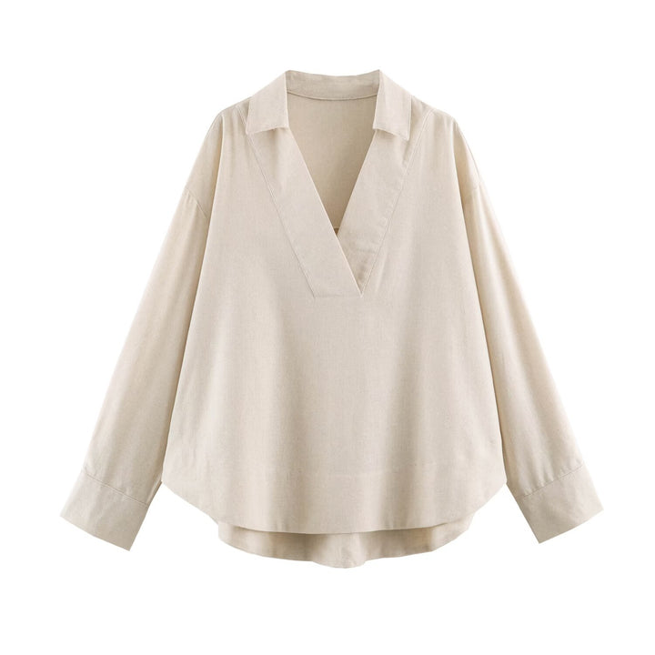 Damen Oversize Leinen-Mix Bluse mit tiefem V-Ausschnitt und Hemdkragen Drune