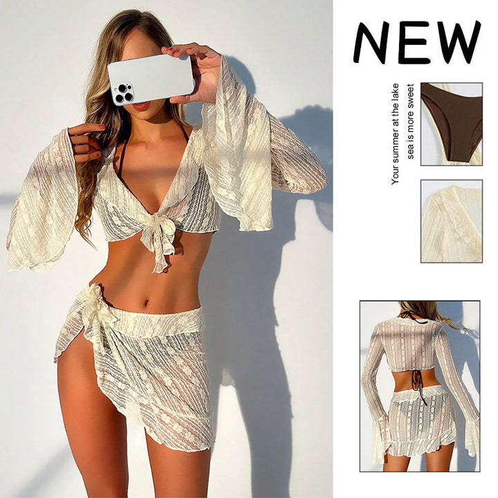 Damen Bikini-Set mit transparentem Oberteil, hohem Taillenslip und luftigem Rock Drune