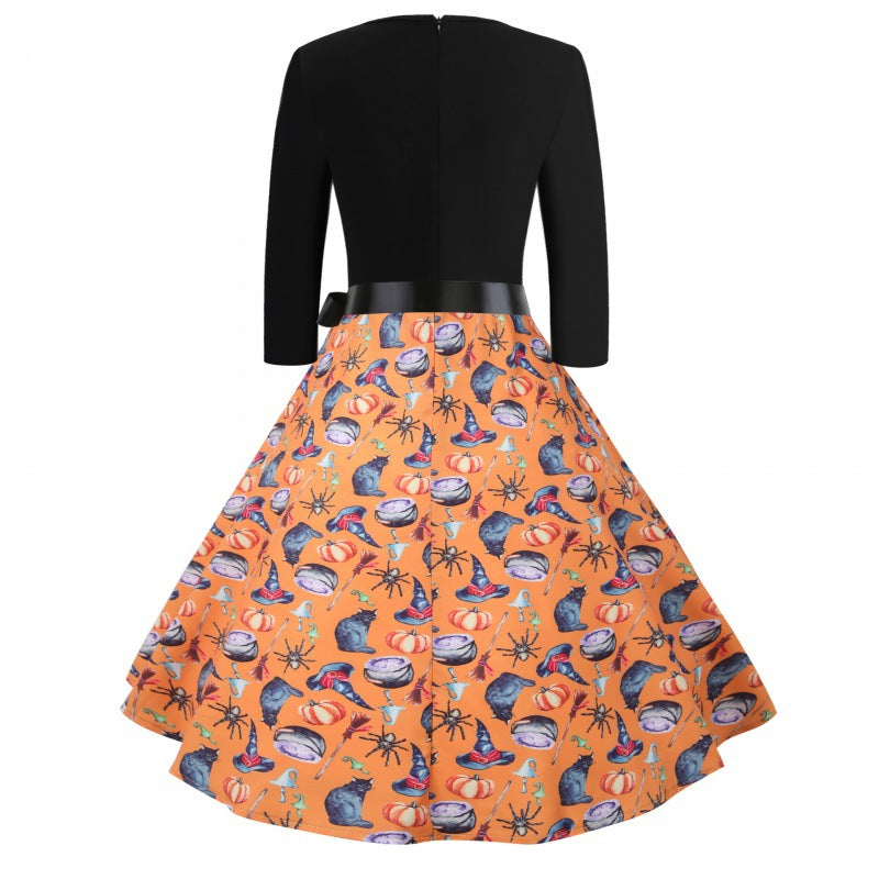 Damen Vintage-inspiriertes Swingkleid mit V-Ausschnitt, Dreiviertelärmeln und voluminösem Tellerrock Drune