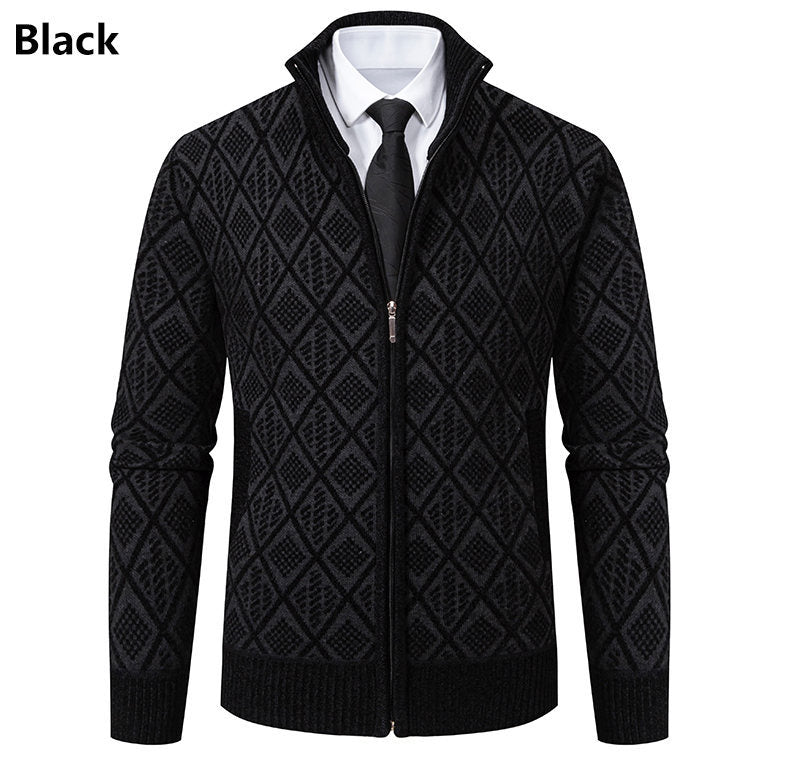 Herren Strickzipjacke mit Rautenmuster, Stehkragen und durchgehendem Reißverschluss Drune