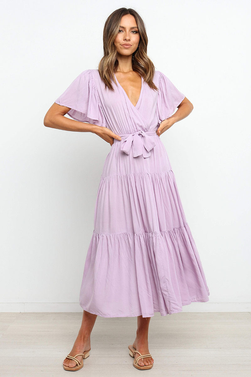 Damen Fließendes Maxi-Kleid mit Wickelbindung und Schmetterlingsärmeln Drune