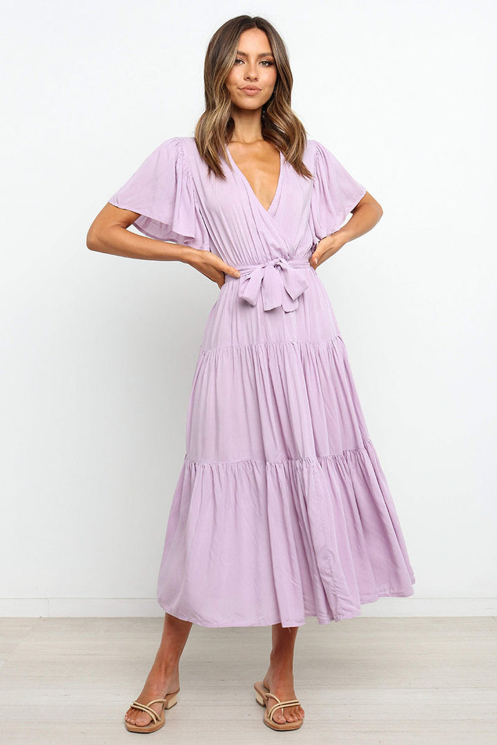 Damen Fließendes Maxi-Kleid mit Wickelbindung und Schmetterlingsärmeln Drune