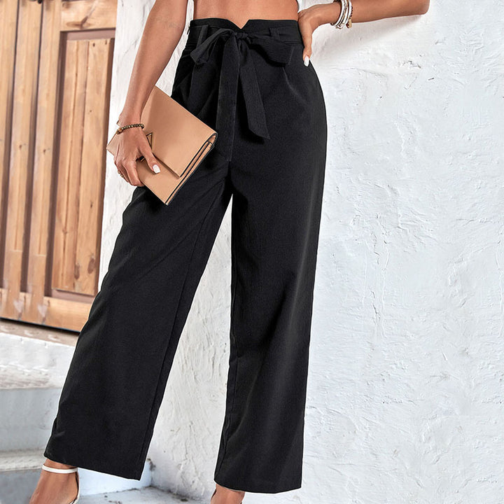 Damen Elegante Hochbund-Hose mit weitem Bein und Bindegürtel Drune