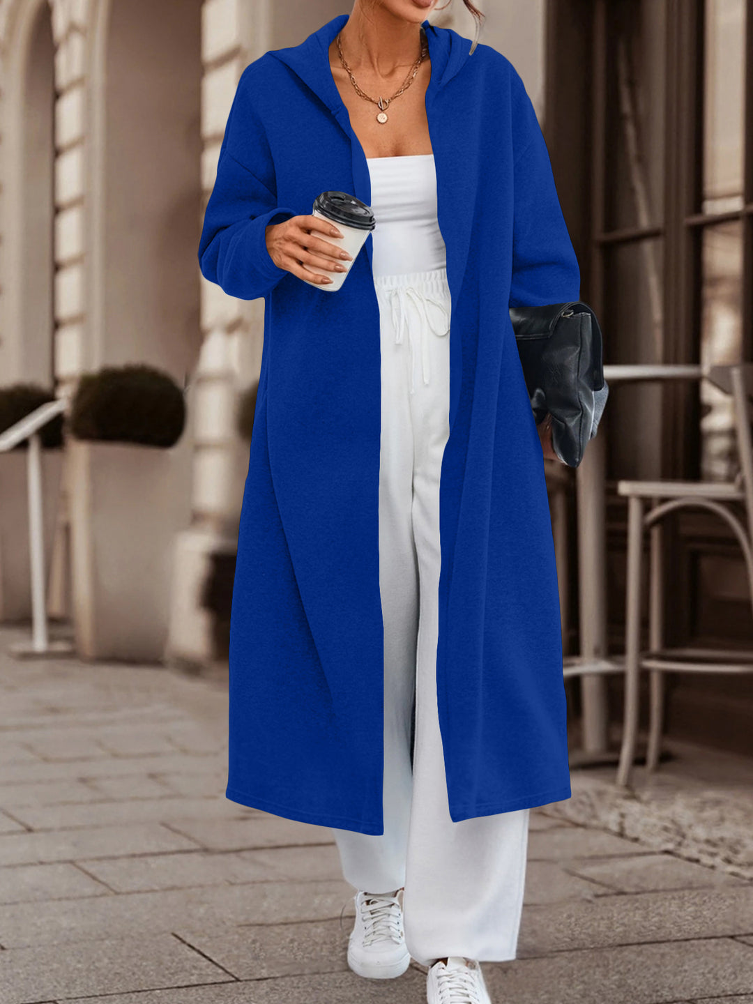 Damen Langer Oversize Kapuzenmantel mit offener Front und weichem Fleece Drune