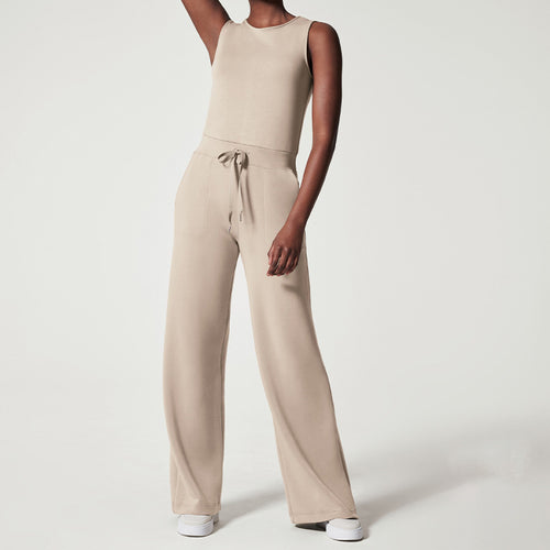 Damen nan ärmelloser Strick-Overall mit weitem Palazzo-Bein, Kordelbund und aufgesetzten Taschen Drune