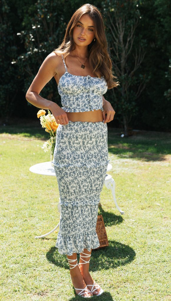 Damen Zweiteiliges Set ausCrop-Top und Midi-Rock mit floralem Design Drune