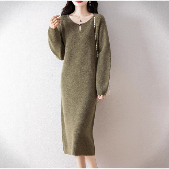 Damen gemütliches Strickkleid mit tiefem Ausschnitt und eleganter Schnittführung Drune