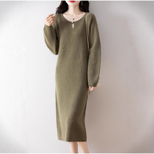 Damen gemütliches Strickkleid mit tiefem Ausschnitt und eleganter Schnittführung Drune