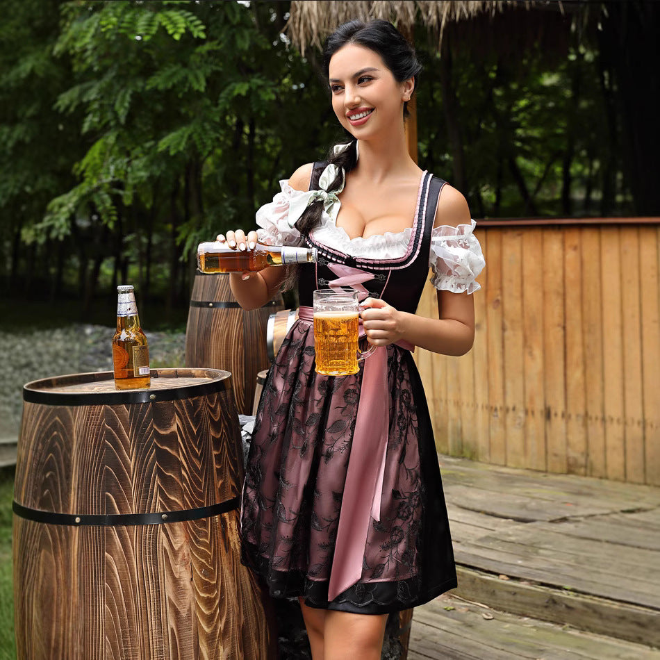 Damen  kurzes Dirndl Trachtenkleid mit Schnürung, Spitzenärmel und dekorativer Schürze Drune