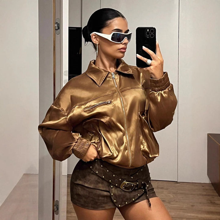 Damen Bomberjacke im glänzenden Satin-Look mit seitlichen Reißverschlusstaschen Drune