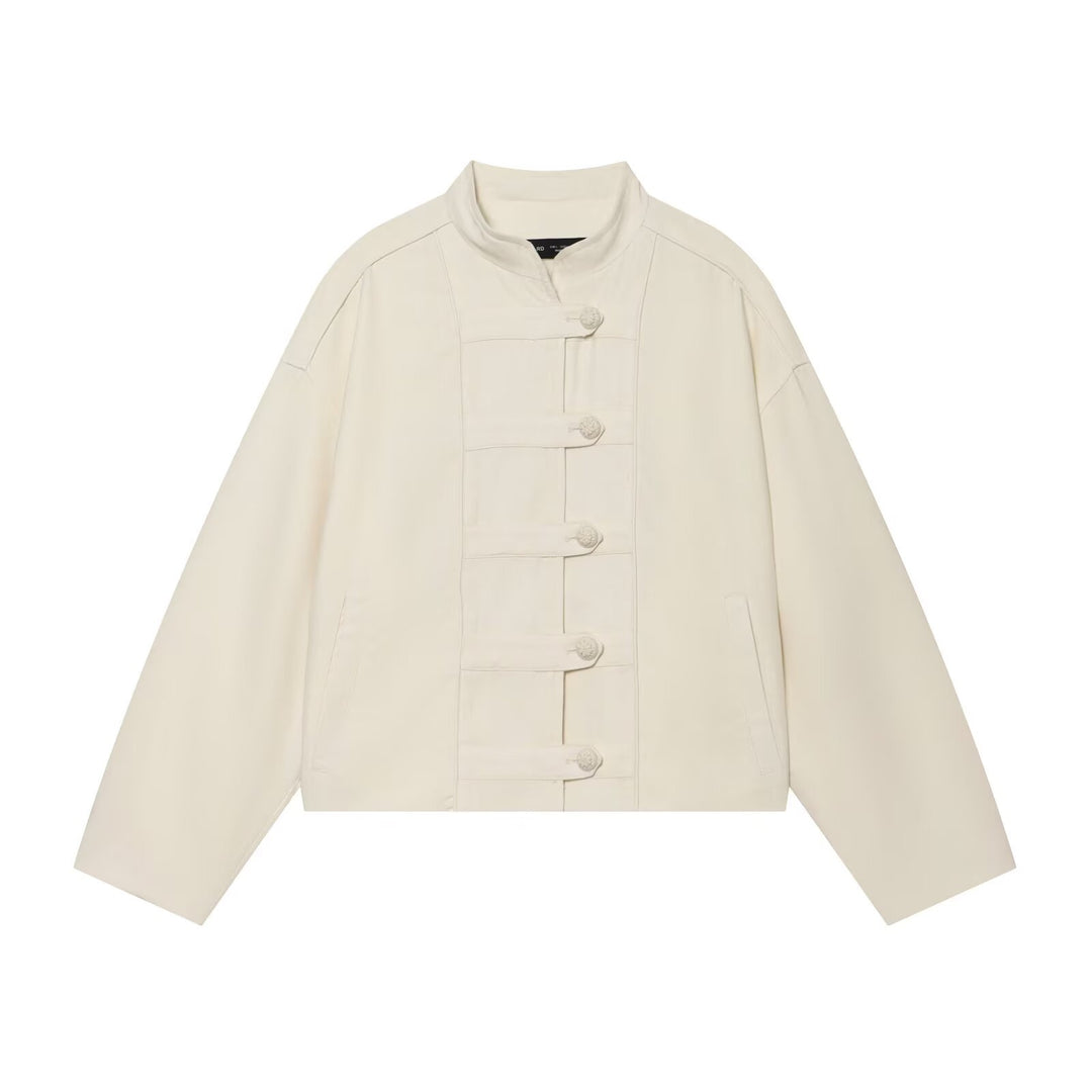 Damen Boxy-Jacke im Mandarin-Stil mit dekorativen Knotenknöpfen Drune