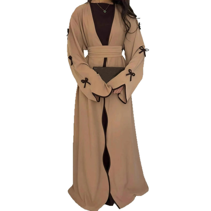 Damen nan elegante Abaya-Kaftan mit weitem Trompetenärmel, kontrastierender Passe und Wickelgürtel Drune
