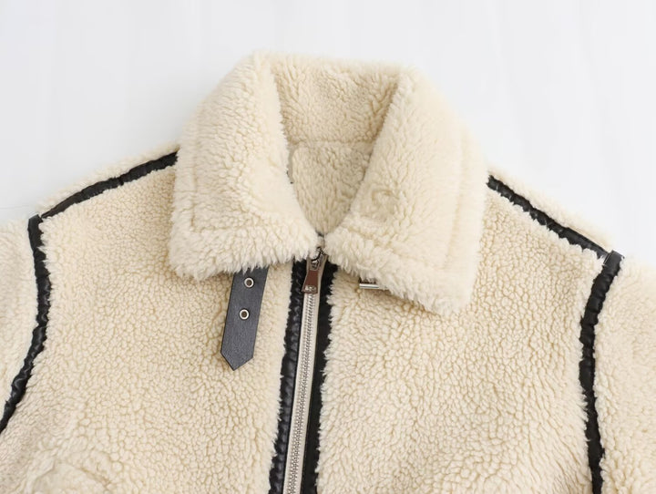 Damen Oversize-Teddyjacke im Aviator-Stil mit Kunstleder-Paspel, Stehkragen und Reißverschluss Drune