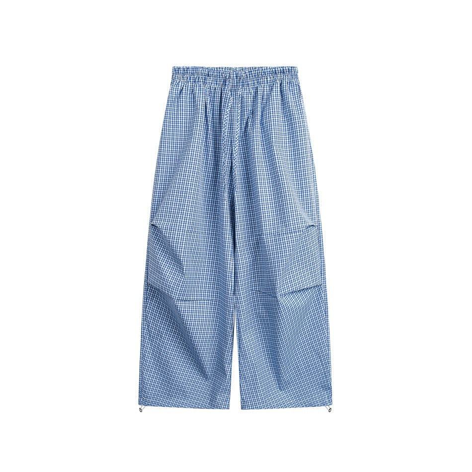 Damen Weite Baumwollhose mit elastischem Bund, Karomuster und verstellbarer Saumkordel Drune