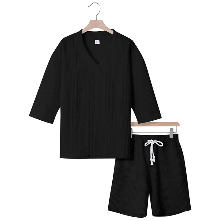 Unisex nan lässiges Lounge-Set mit V-Ausschnitt-Oberteil und Kordelbund-Shorts Drune