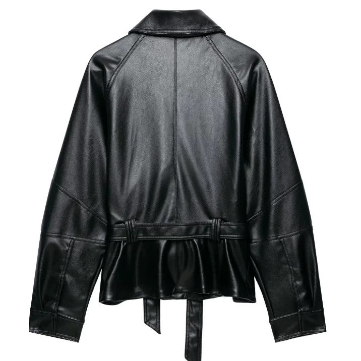 Damen Kurzjacke aus veganem Leder mit Taillengürtel und überschnittenen Schultern Drune