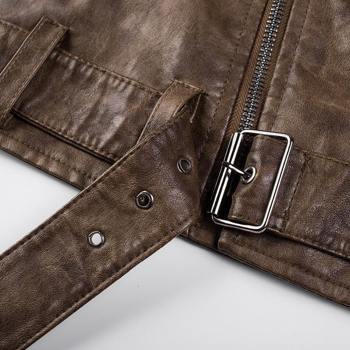 Herren Kunstleder-Bikerjacke mit Schultersteppungen, asymmetrischem Reißverschluss und verstellbarem Taillengürtel Drune