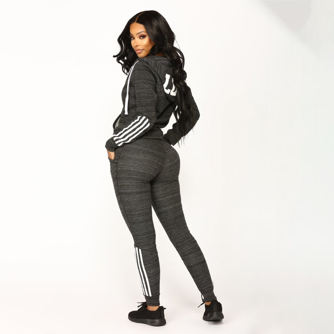 Damen sportliches Zip-Hoodie und Slim-Jogger-Set aus French-Terry mit kontrastierenden Streifen Drune