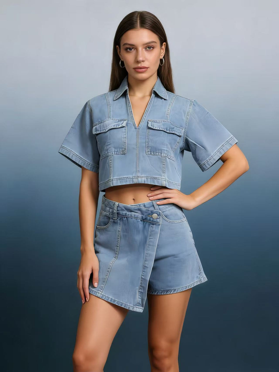 Damen modisches cropped Hemd mit aufgesetzten Taschen und lässigen Shorts Drune