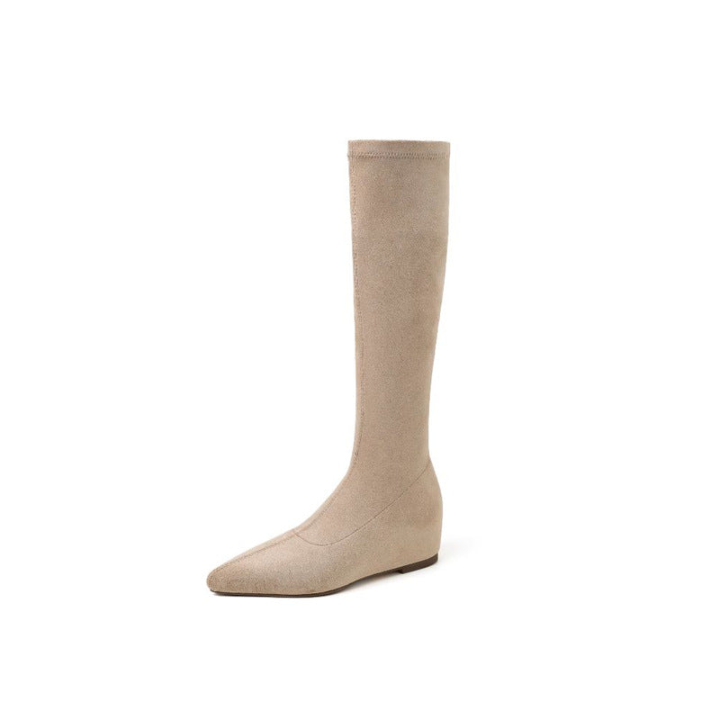 Damen Kniehohe Stretch‑Stiefel mit spitzer Zehenpartie und integriertem Keilabsatz Drune