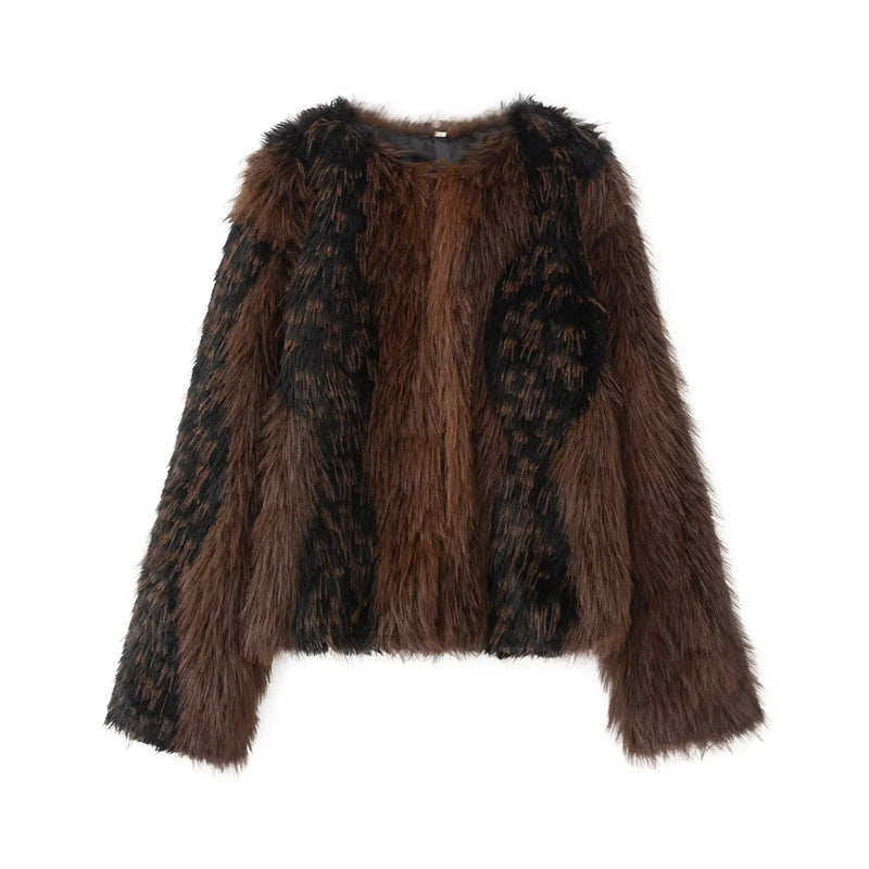 Damen nan kurzer Kunstfell-Blouson mit kontrastierten Streifen, Boxy-Cut und rundem Ausschnitt Drune