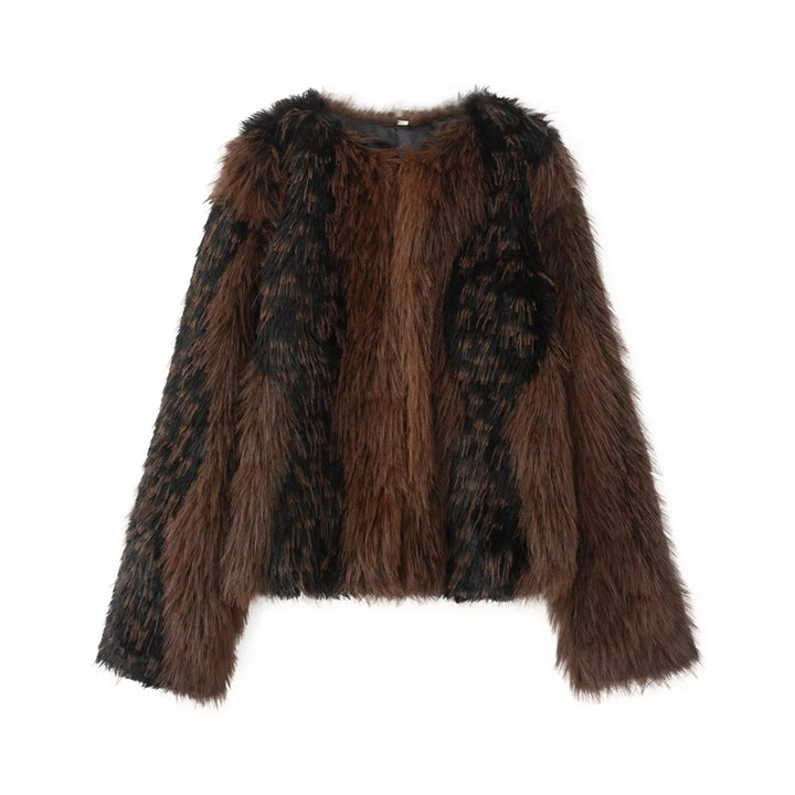 Damen nan kurzer Kunstfell-Blouson mit kontrastierten Streifen, Boxy-Cut und rundem Ausschnitt Drune