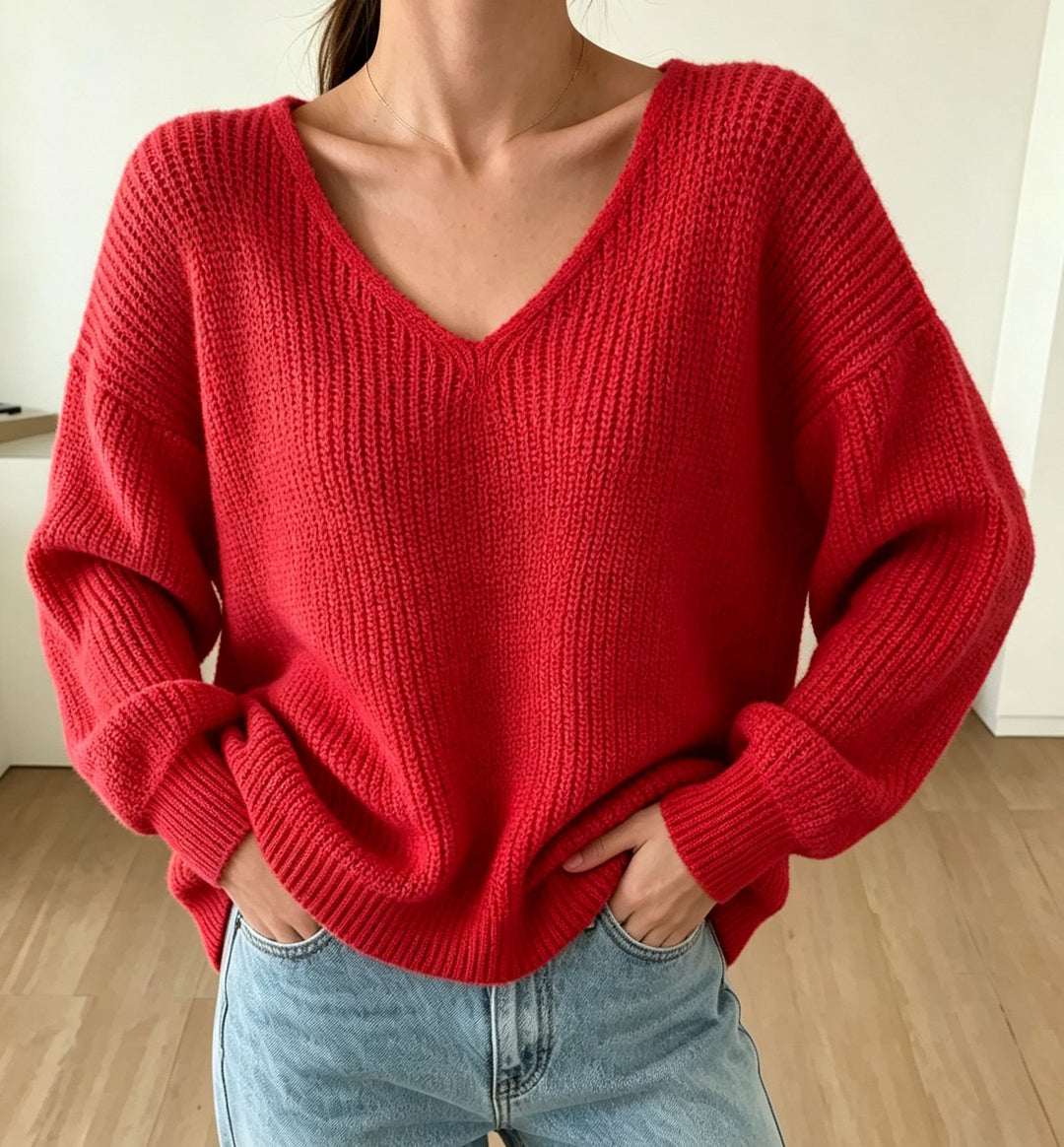Damen Lässiger Boxy-Grobstrickpullover mit V-Ausschnitt und gerippten Bündchen Drune