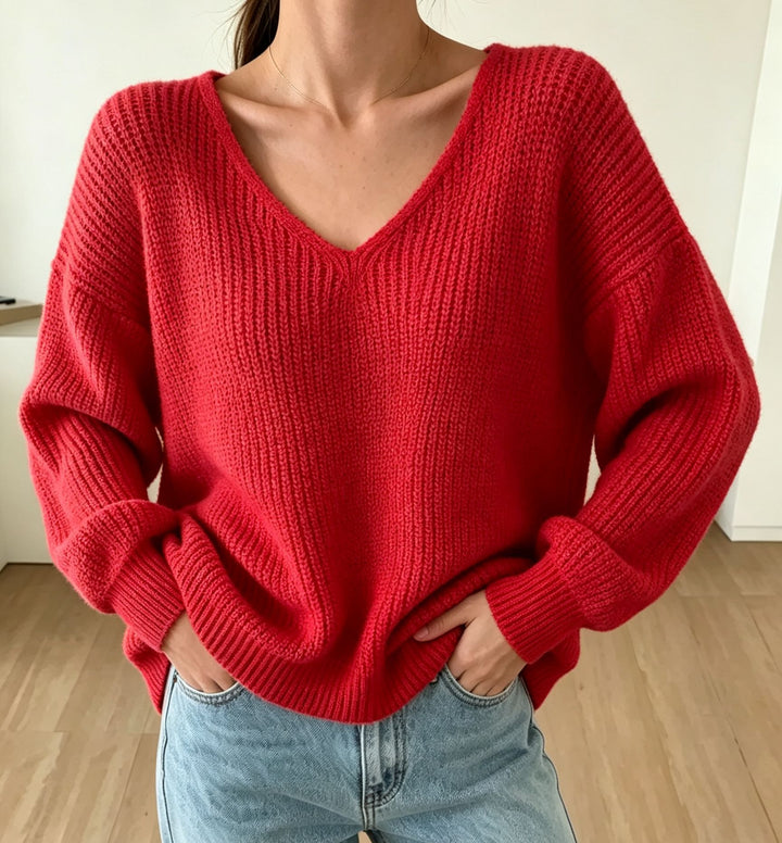 Damen Lässiger Boxy-Grobstrickpullover mit V-Ausschnitt und gerippten Bündchen Drune