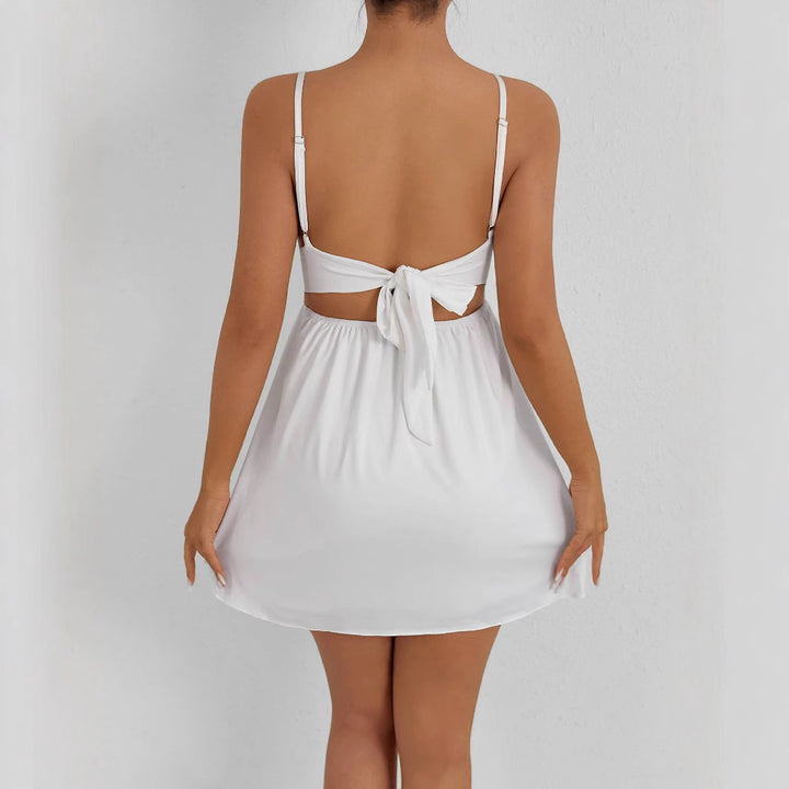 Damen Sommerliches V-Ausschnitt Kleid mit verstellbaren Spaghetti-Trägern und elastischer Taille Drune