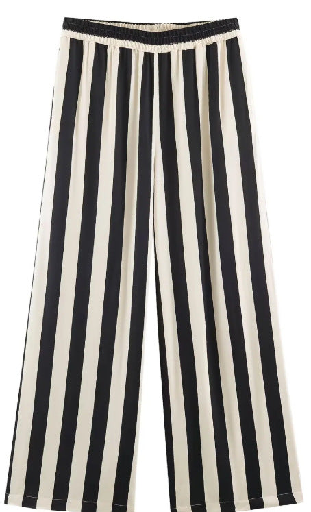 Damen Weite High‑Waist Palazzohose mit vertikalem Streifenmuster und elastischem Bund Drune