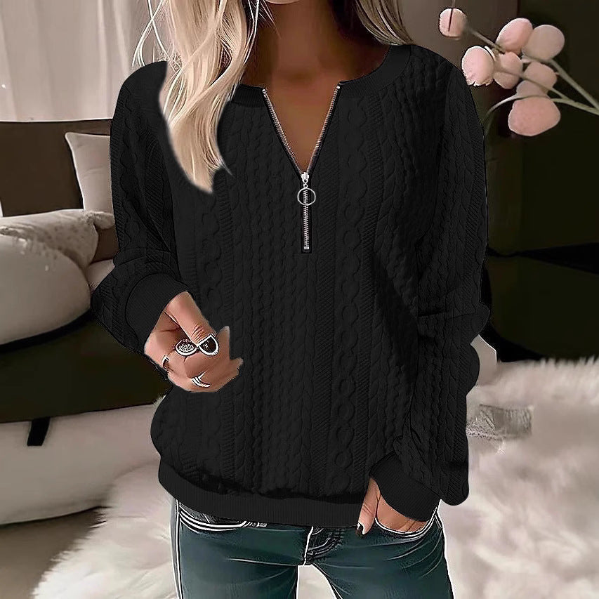 Damen Strickpullover mit Zopfmuster und halbem Reißverschluss Drune