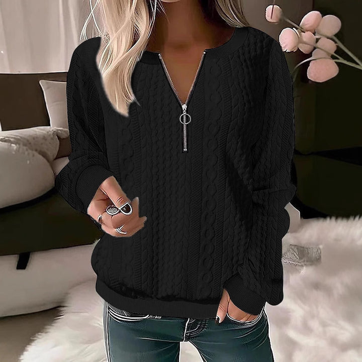 Damen Strickpullover mit Zopfmuster und halbem Reißverschluss Drune