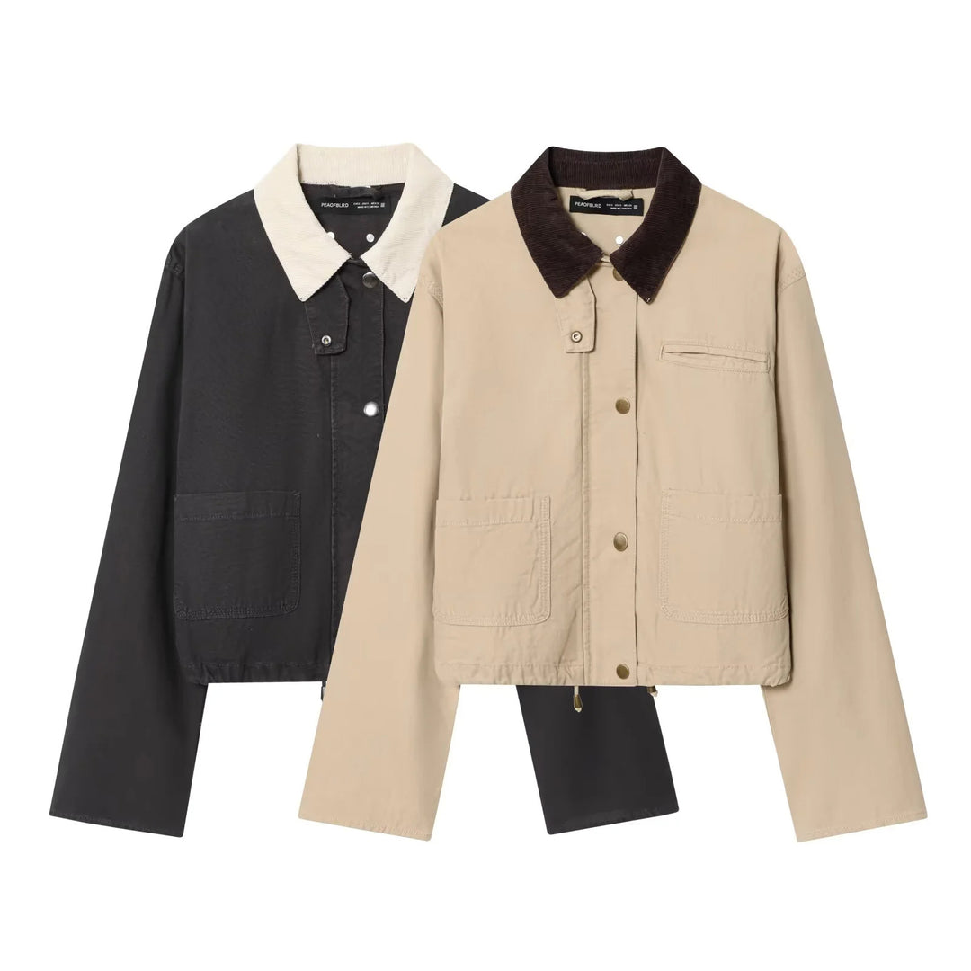 Damen nan kurze Chore‑Jacke mit Cordkragen, Druckknopfleiste und Kordelzugsaum Drune