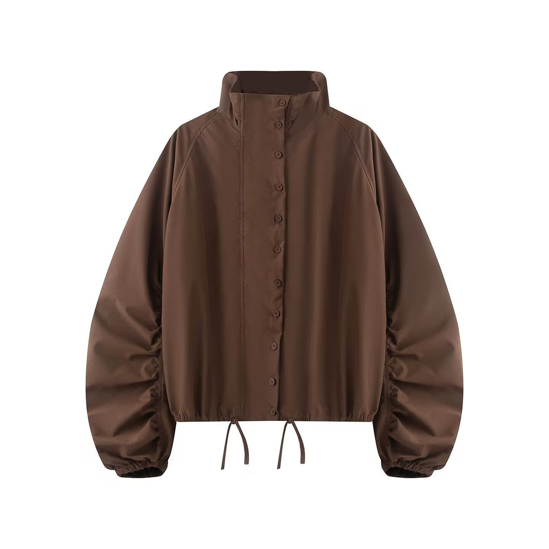 Damen Übergangsjacke mit weitem Ballonärmeln, Stehkragen und Tunnelzug Drune