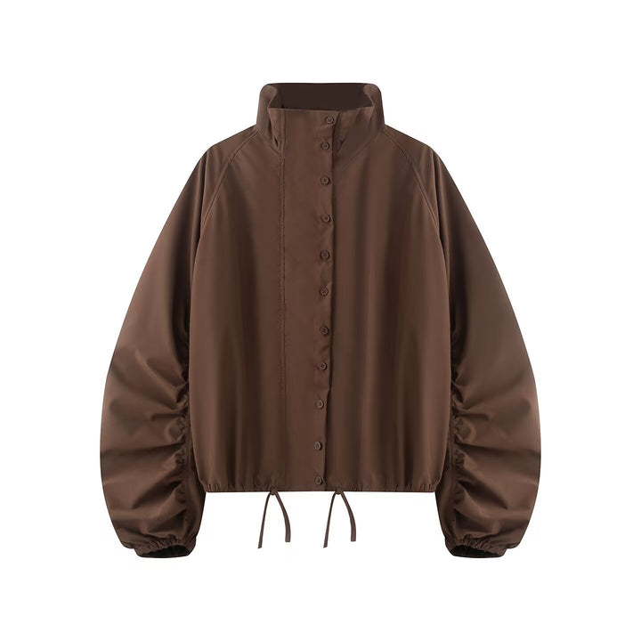Damen Übergangsjacke mit weitem Ballonärmeln, Stehkragen und Tunnelzug Drune