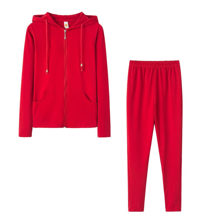 Damen sportliches Zweiteiler-Set mit Kapuzenjacke und enganliegenden Hosen Drune