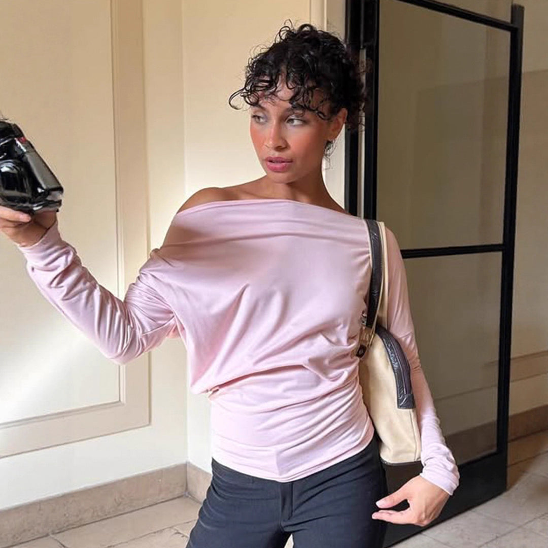 Damen nan asymmetrisches Off-Shoulder Longsleeve mit taillierter Silhouette und Daumenloch-Ärmeln Drune