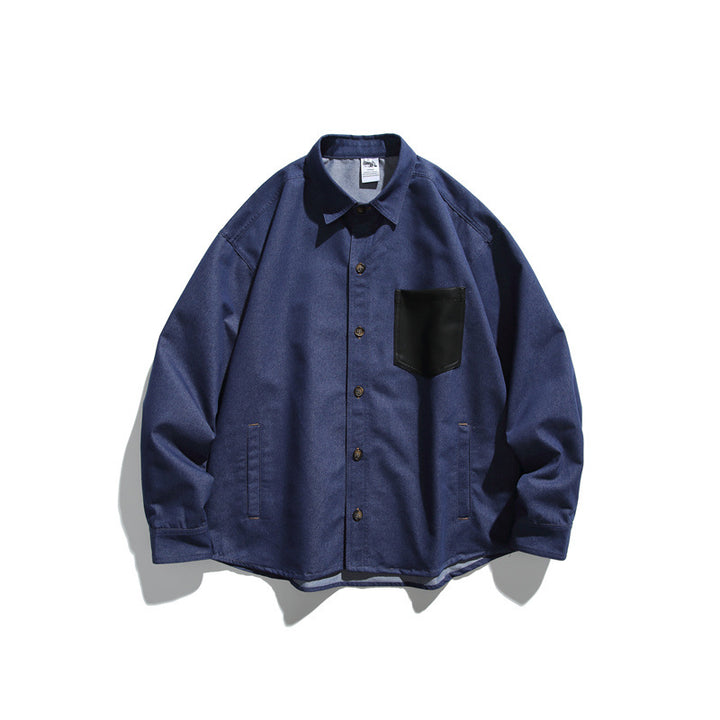 Unisex Oversize-Hemdjacke aus robuster Baumwollmischung mit kontrastierender Kunstleder-Brusttasche Drune