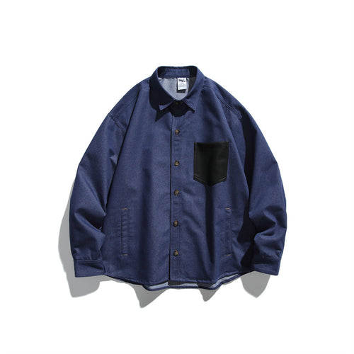 Unisex Oversize-Hemdjacke aus robuster Baumwollmischung mit kontrastierender Kunstleder-Brusttasche Drune